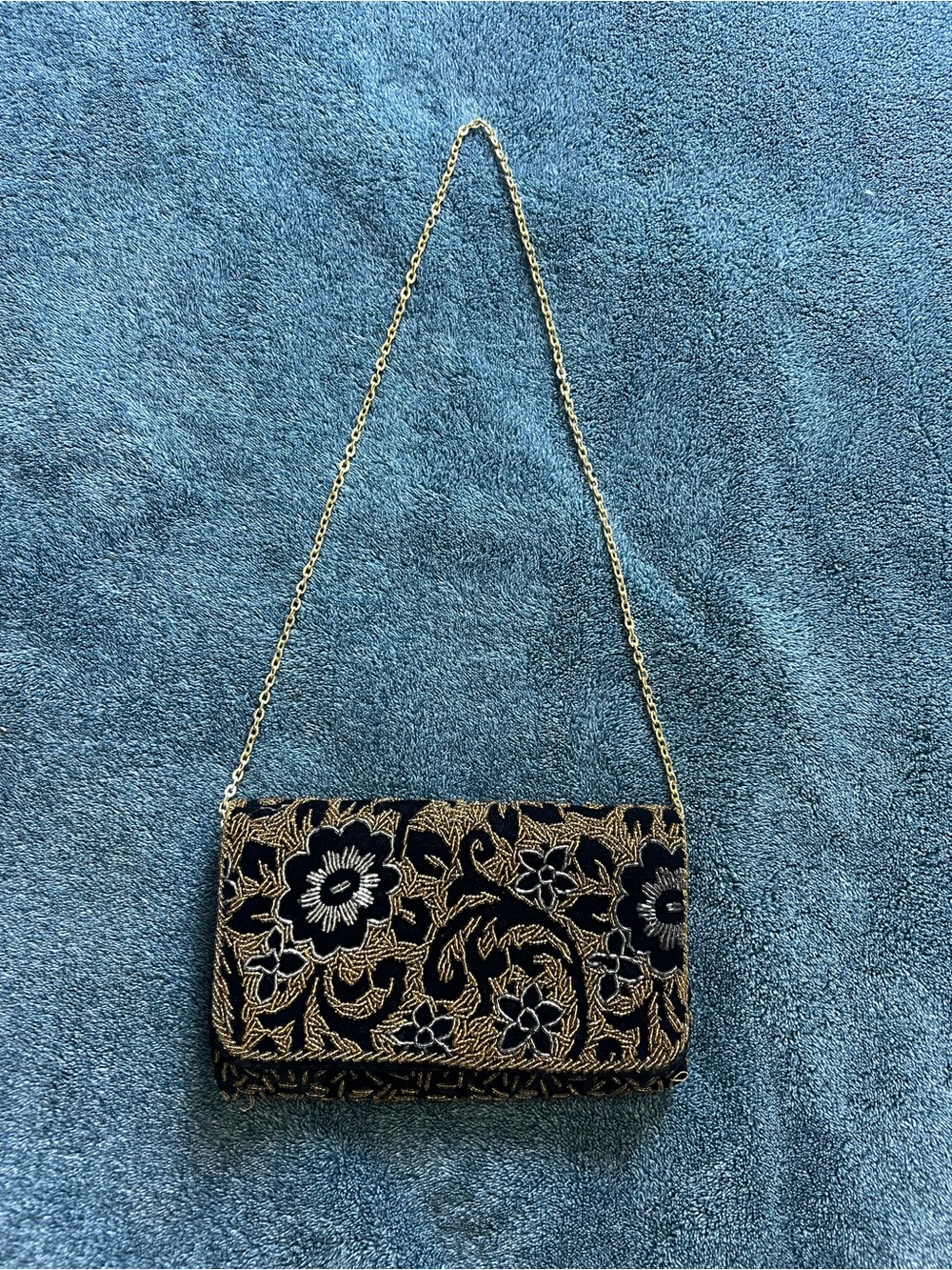 Walborg vintage Black and Gold Floral Beaded Shoulder Clutch with Chain Strap